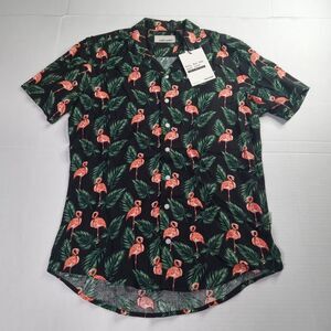Blend Flamingo Shirt Men’s S Small Button Up Floral Black/Pink Hawaiian Style